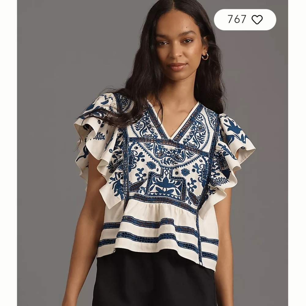 Anthropologie Blue and White Flutter Sleeve Blouse - Picture 3 of 12